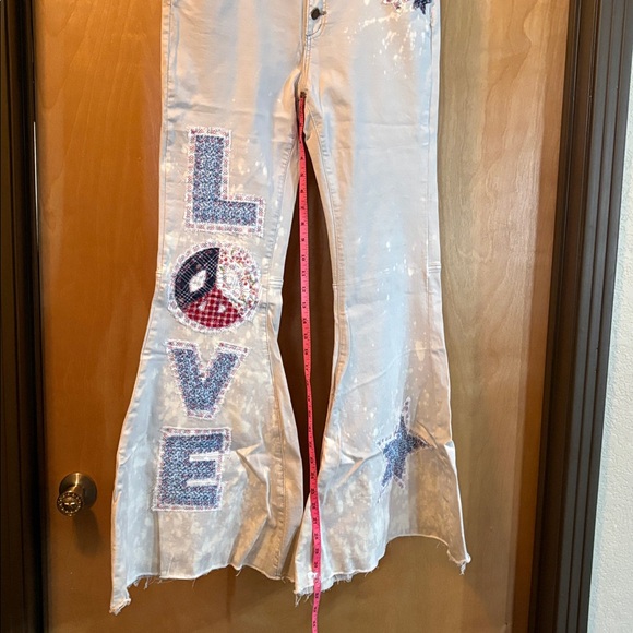 Easel Cream Flare Jeans with CustomPatches; Size L